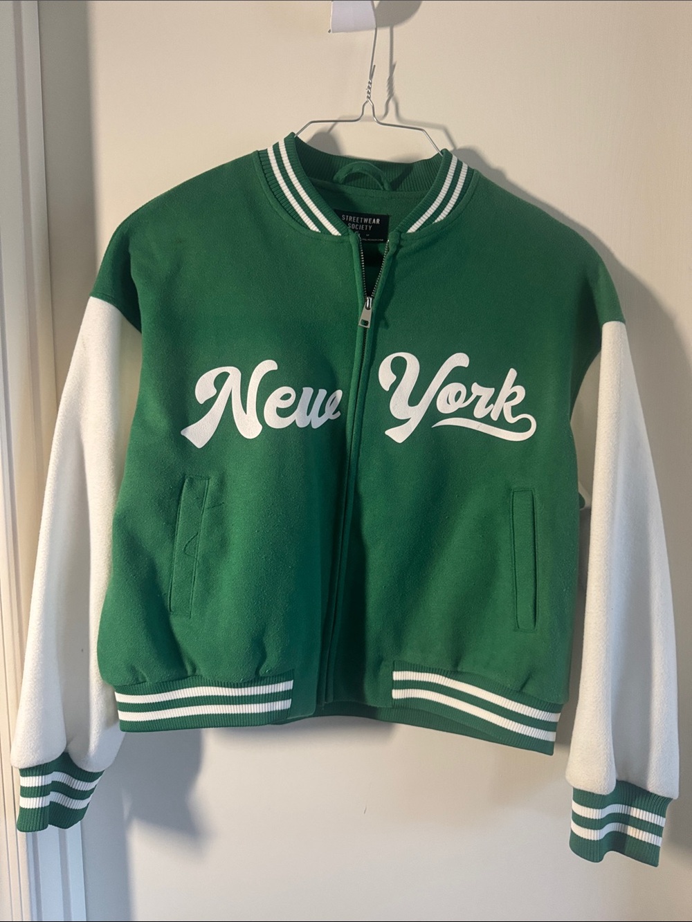 Streetwear Society Green and White 'New York' Bomber Jacket